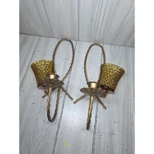 Vintage Home Interiors Twisted Wire Wall Sconces Amber Glass Votive Candleholder